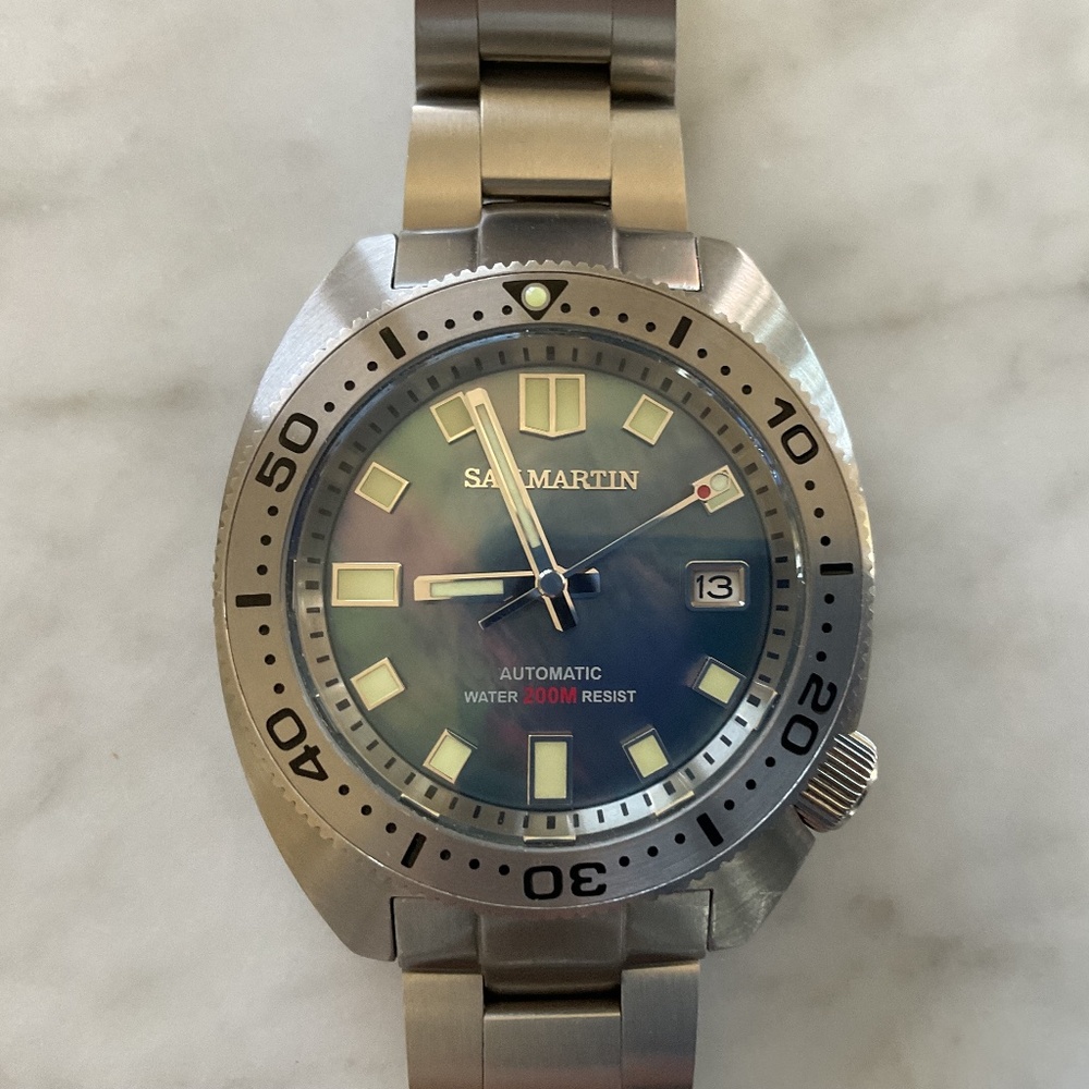 San Martin dive watch Turtle homage with Mother of Pearl dial